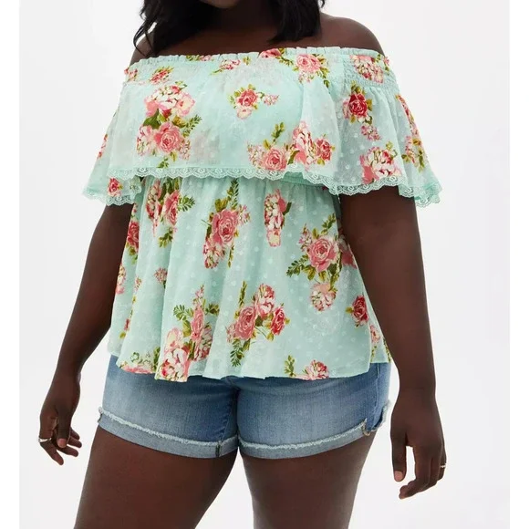 Torrid Off Shoulder Sheer Lace Swiss Dot Top Plus Size 2 2X Green Pink Boho Chic - Picture 1 of 10